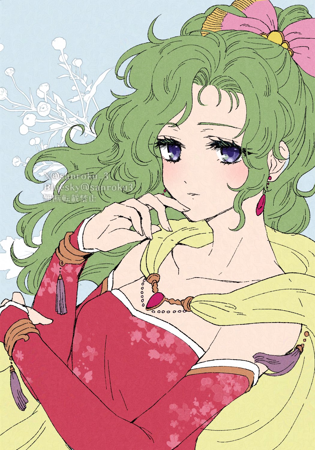1girl blue_background blue_eyes breasts cape collarbone detached_sleeves dress earrings final_fantasy final_fantasy_vi floral_background green_hair hair_ribbon hand_to_own_mouth highres jewelry light_blush long_hair medium_breasts parted_bangs parted_lips pink_ribbon ponytail red_dress red_sleeves ribbon sanroku_3 solo strapless strapless_dress tassel tina_branford twitter_username upper_body wavy_hair yellow_cape