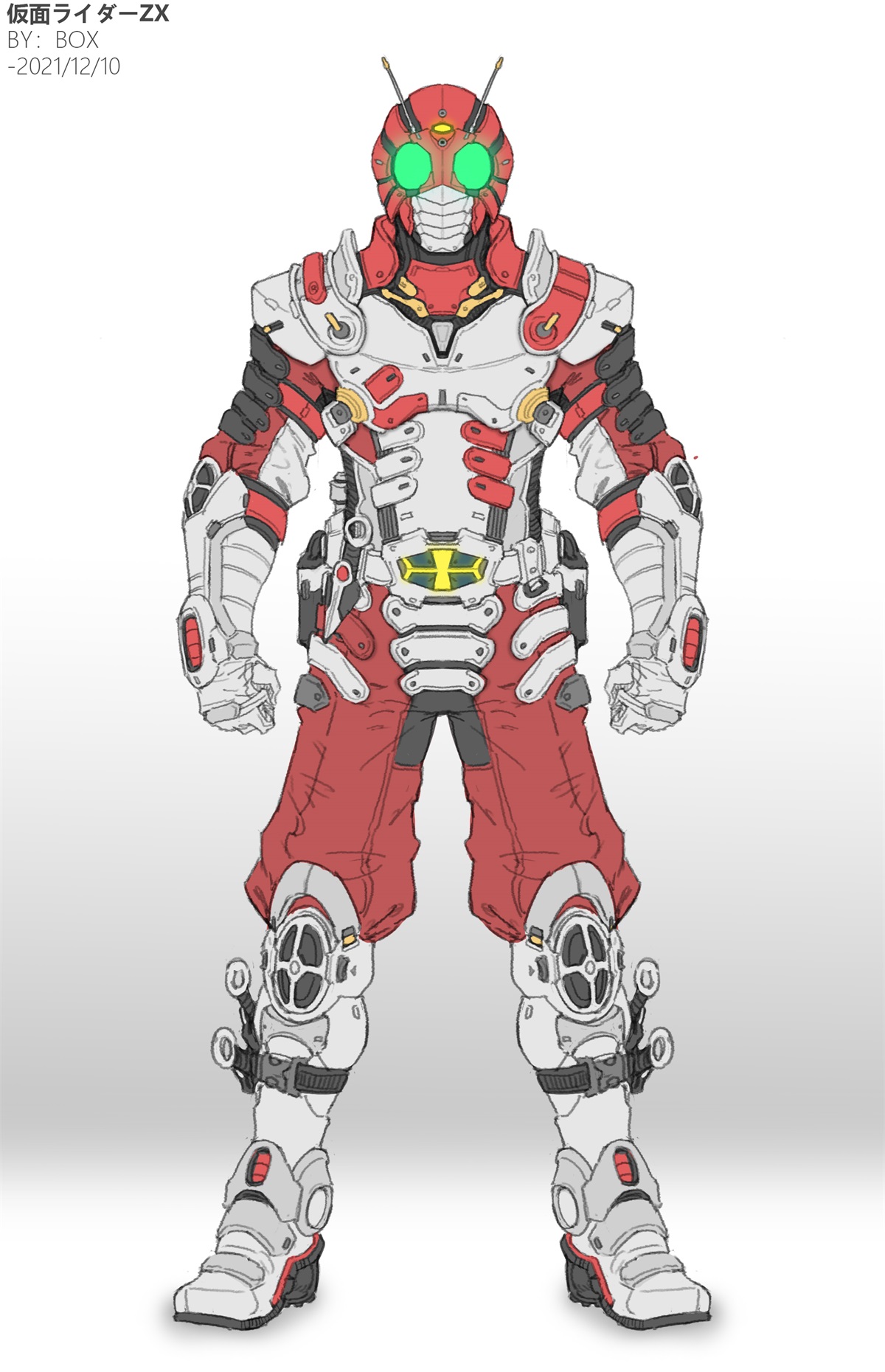 antennae armor armored_boots boots chinese_commentary commentary_request full_body gauntlets glowing glowing_eyes green_eyes highres kamen_rider kamen_rider_zx male_focus mask pants red_armor red_mask red_pants shoulder_armor simple_background solo standing white_armor white_background white_boots xiangzi_box