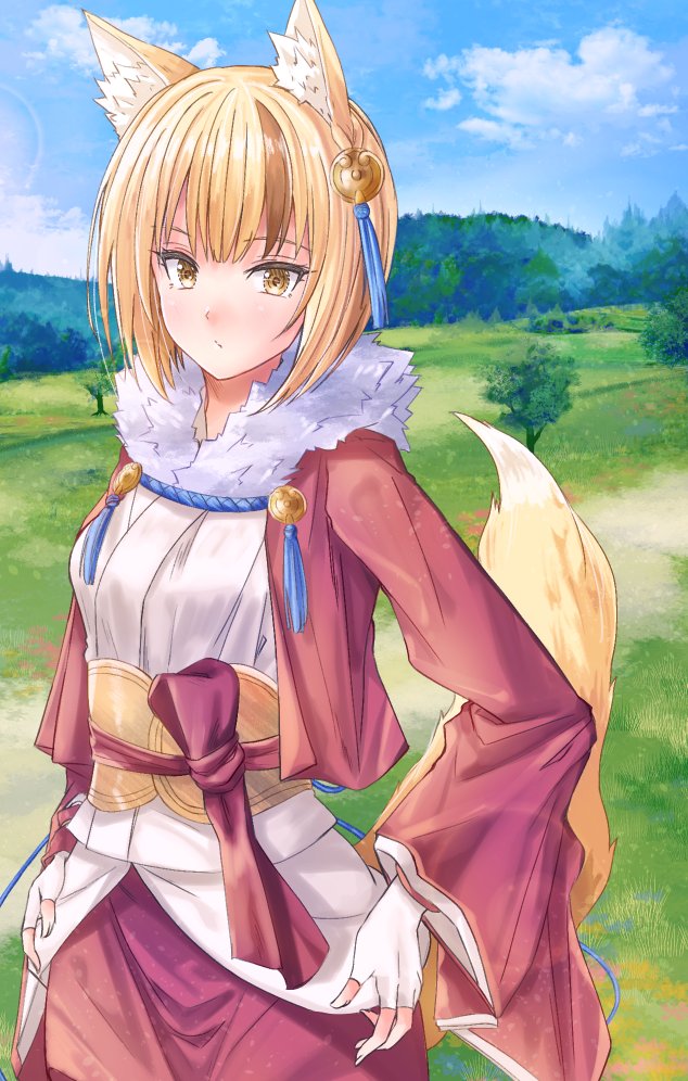 1girl animal_ears closed_mouth fingerless_gloves fire_emblem fire_emblem_fates fox_ears fox_girl fox_tail fur-trimmed_jacket fur-trimmed_kimono fur_trim fuussu_(21-kazin) gloves hair_ornament jacket japanese_clothes kimono kitsune multicolored_hair nintendo red_sash sash selkie_(fire_emblem) solo standing streaked_hair tail two-tone_hair yellow_eyes