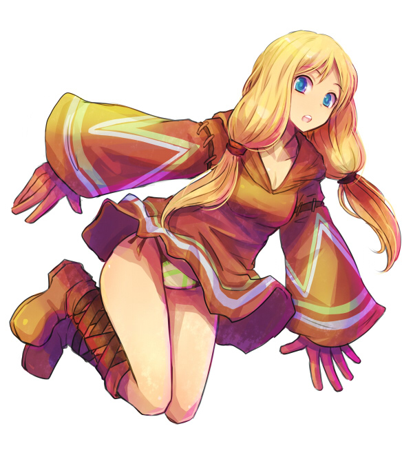 1girl bare_legs blonde_hair blue_eyes boots female_focus final_fantasy final_fantasy_tactics full_body geomancer geomancer_(fft) gloves jumping kara_(color) long_hair panties pantyshot robe side-tie_panties simple_background solo striped_clothes striped_panties twintails underwear upskirt