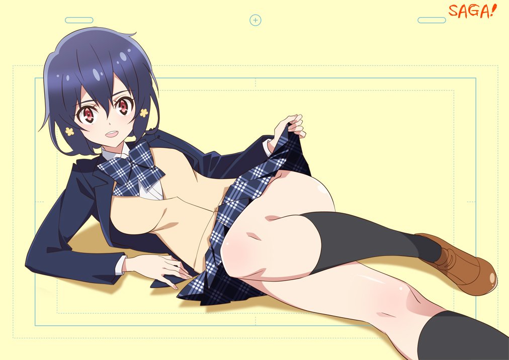 1girl anko_koubou arm_support black_hair black_jacket black_neckwear black_skirt black_socks blazer brown_eyes brown_shoes clothes_lift female_focus hair_ornament jacket kneehighs lifting_own_clothes loafers looking_at_viewer lying mizuno_ai on_side plaid_clothes plaid_neckwear plaid_skirt pleated_skirt school_uniform shoes short_hair skirt skirt_lift socks solo sweater_vest unmoving_pattern yellow_background zombie_land_saga