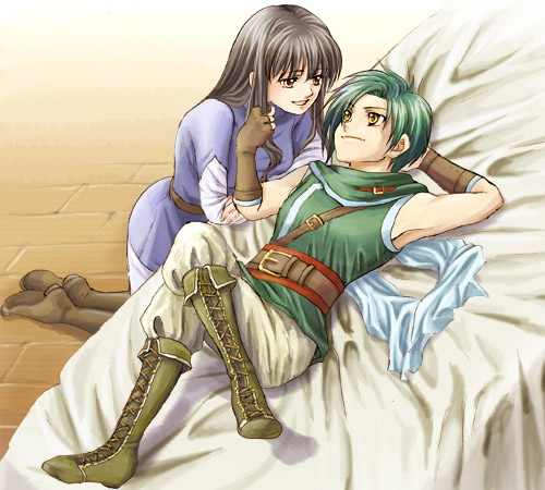 1boy 1girl :d arm_behind_head astrid_(fire_emblem) bad_id bed bed_sheet black_hair casual crossed_legs fingerless_gloves fire_emblem fire_emblem:_path_of_radiance gloves green_hair hetero kneeling long_hair looking_at_another lowres lying nintendo on_back open_mouth purple_shirt shirt sleeveless sleeveless_shirt smile sothe_(fire_emblem) suisyokyu twirling_hair