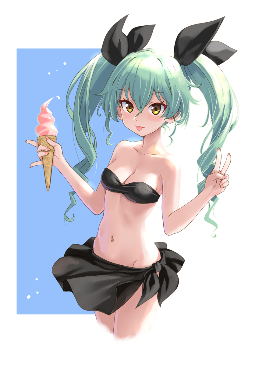1girl anchovy_(girls_und_panzer) bikini black_bikini black_ribbon black_sarong breasts cleavage commentary_request cropped_legs drill_hair food girls_und_panzer green_hair hair_ribbon highres ice_cream katahira_masashi long_hair looking_at_viewer medium_breasts ribbon sarong soft_serve solo strapless strapless_bikini swimsuit tongue tongue_out twin_drills twintails two-tone_background yellow_eyes
