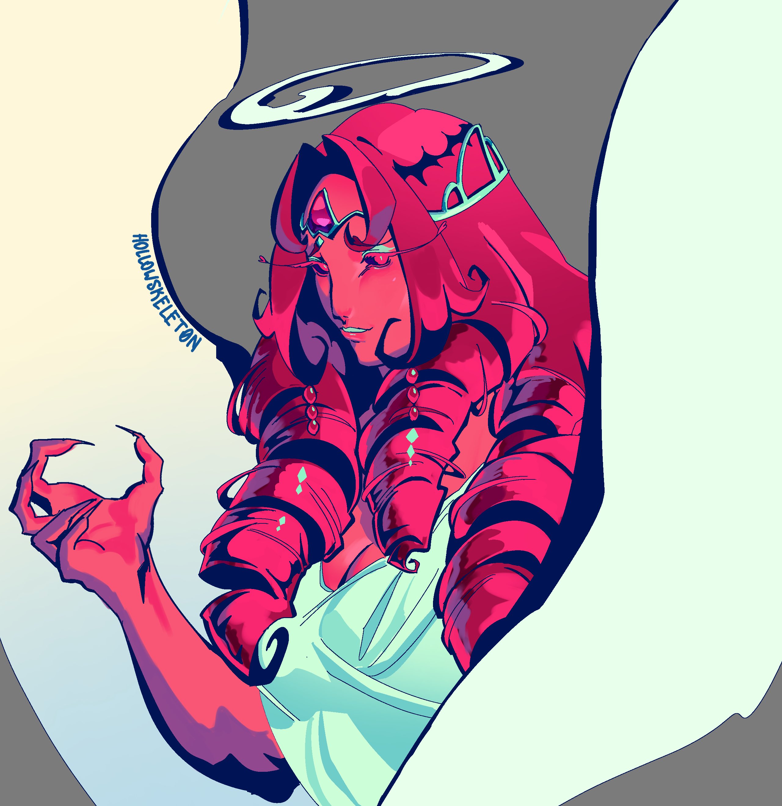 1girl absurdres angel breasts cleavage colored_skin cookie_run cookie_run:_kingdom demon_girl dress eternal_sugar_cookie fingernails highres hollowskelet0n long_hair looking_at_viewer pink_eyes pink_hair pink_skin sharp_fingernails solo wings