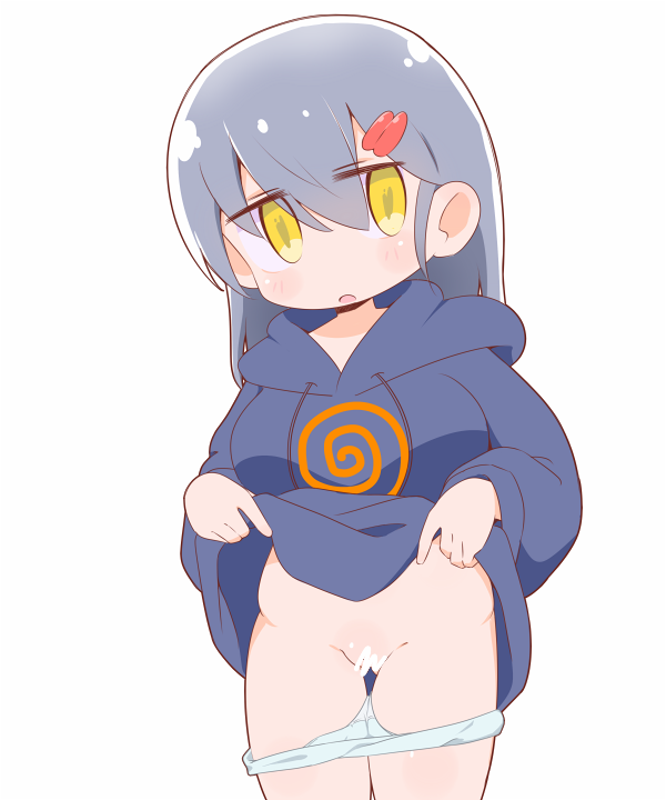 1girl blush breasts cello_(20000) censored character_request clothes_lift female_focus grey_hair hair_ornament hairclip hood hood_down hoodie hoodie_lift lifting_own_clothes long_hair looking_at_viewer open_mouth panties panty_pull presenting presenting_pussy pussy solo standing underwear white_background white_panties yellow_eyes