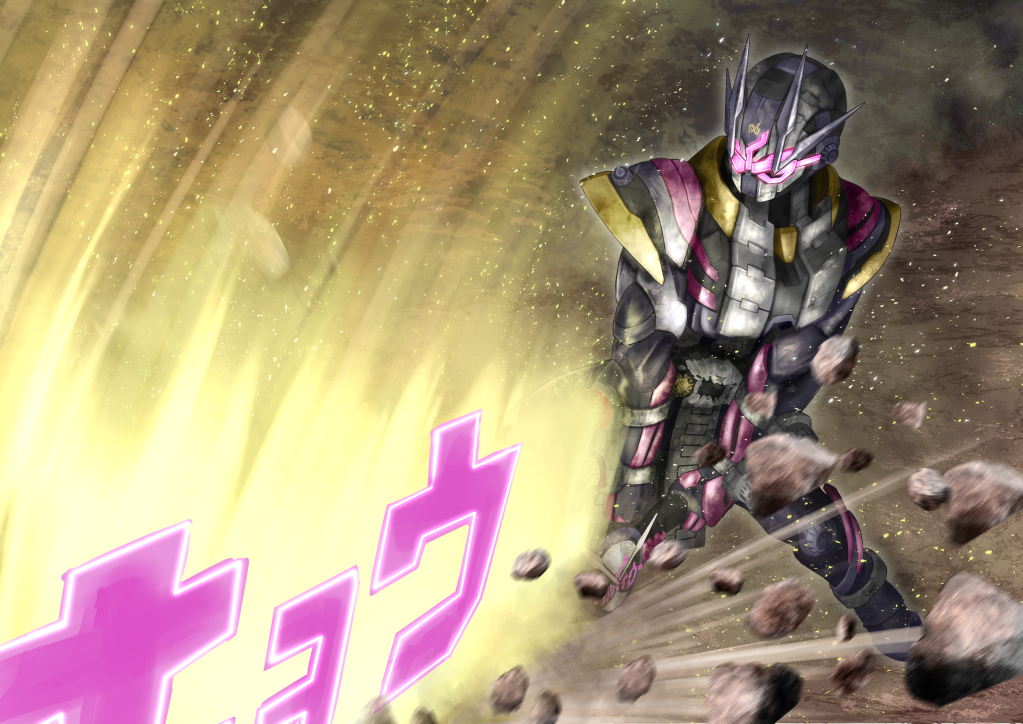 1boy alternate_costume armor black_armor black_bodysuit bodysuit clock_hands compound_eyes extra_horns finishing_move gloves kamen_rider kamen_rider_zi-o kamen_rider_zi-o_(series) kamen_rider_zi-o_ii katakana male_focus official_alternate_costume pink_eyes pink_gloves sword tsubasansan weapon zikan_girade ziku_driver