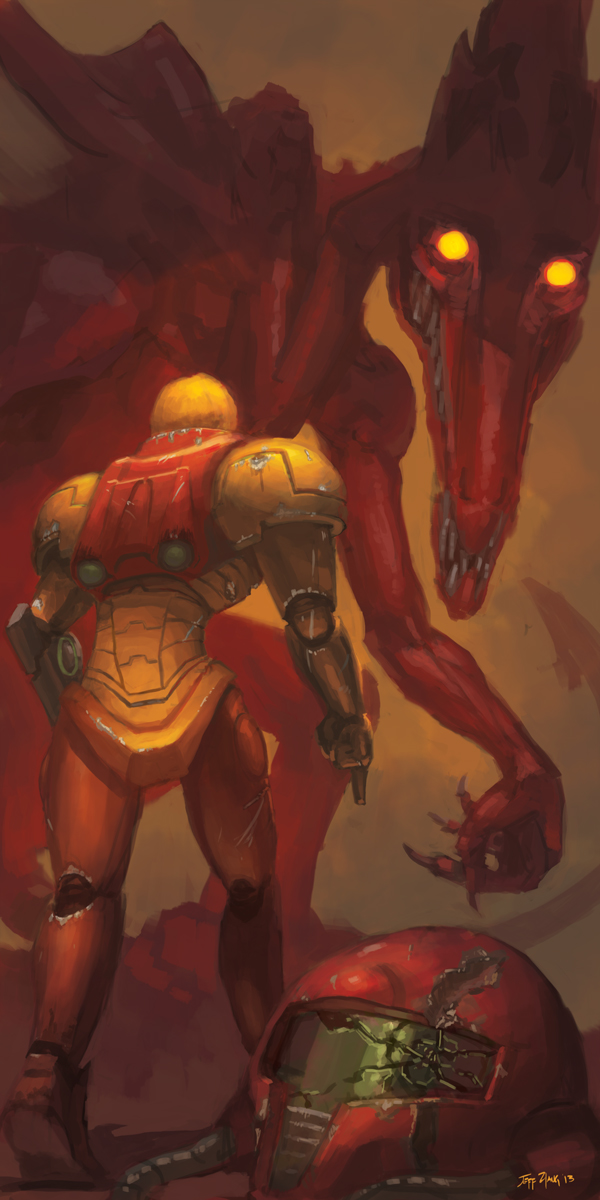 10s 1girl 2013 arm_cannon armor blonde_hair claws glowing glowing_eyes helmet highres jeff_zhang metroid monster nintendo power_armor ridley samus_aran scratches shadow sharp_teeth signature teeth unworn_headwear unworn_helmet varia_suit weapon yellow_eyes