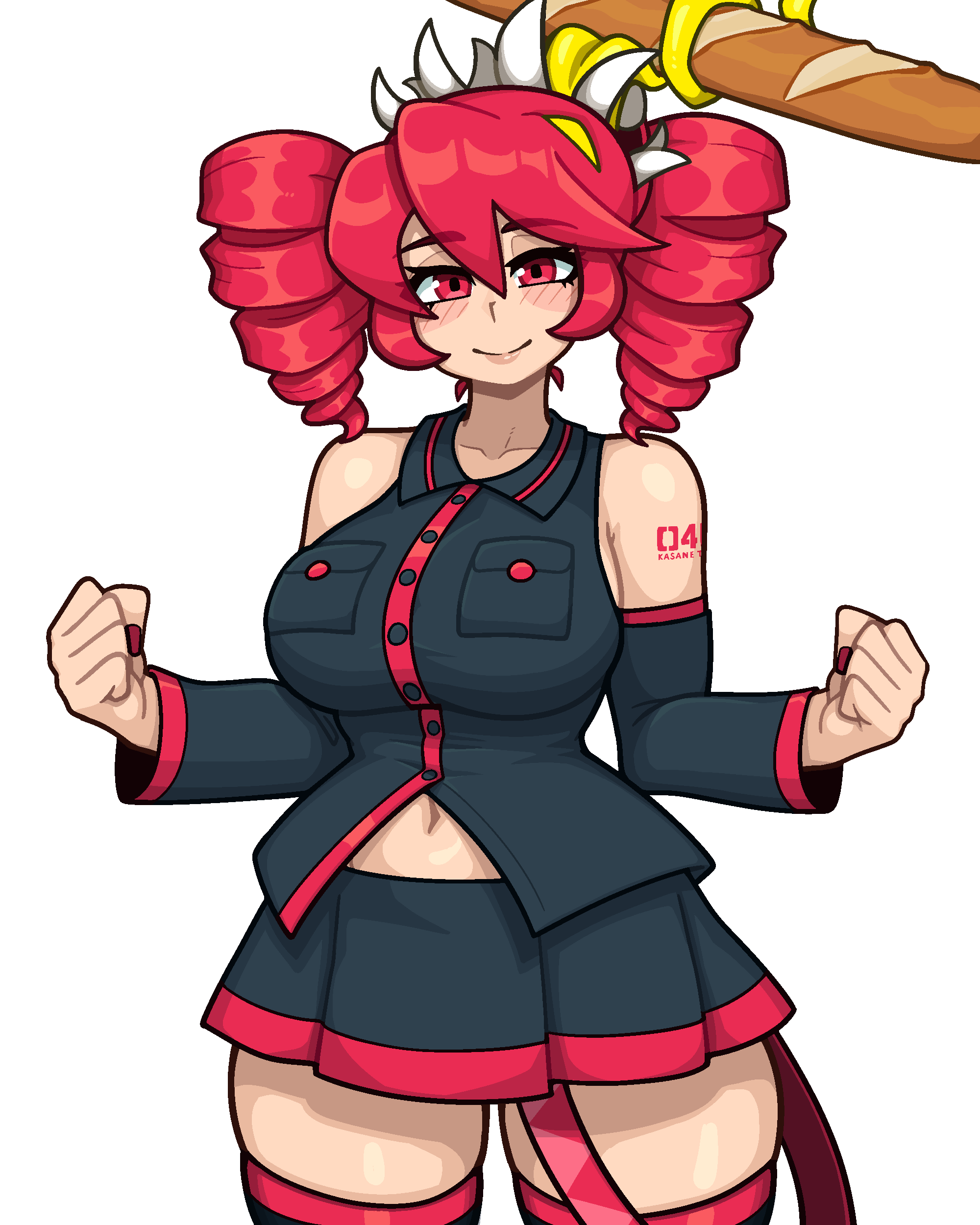 1girl absurdres baguette bare_shoulders blush bread breasts cosplay cowboy_shot detached_sleeves drill_hair eating facing_viewer filia_(skullgirls) fist_pump food highres kasane_teto kasane_teto_(cosplay) large_breasts muds muds_(tentacles_r_us) nail_polish navel pleated_skirt red_eyes red_hair red_nails samson_(skullgirls) skirt skullgirls smile solo thick_thighs thighhighs thighs tongue tongue_out twin_drills utau vocaloid white_background wide_hips