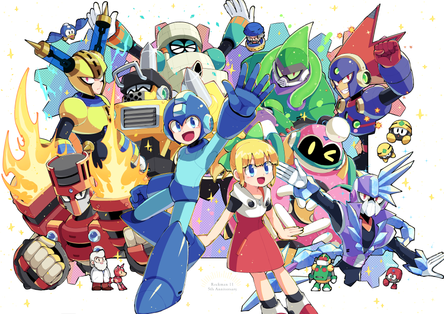 &gt;_&lt; 1girl 6+boys acid_man anniversary auto_(mega_man) beat_(mega_man) blast_man block_man blonde_hair blue_eyes bounce_man clenched_teeth colored_sclera commentary commentary_request covered_mouth dr._light_(mega_man) dr._wily_(mega_man) eddie_(mega_man) english_commentary everyone fuse_man grey_hair helmet impact_man lab_coat mega_man_(character) mega_man_(classic) mega_man_(series) mega_man_11 met_(mega_man) mixed-language_commentary multiple_boys no_mouth red_eyes robot roll_(mega_man) rush_(mega_man) smile sznami129 teeth torch_man tundra_man yellow_sclera