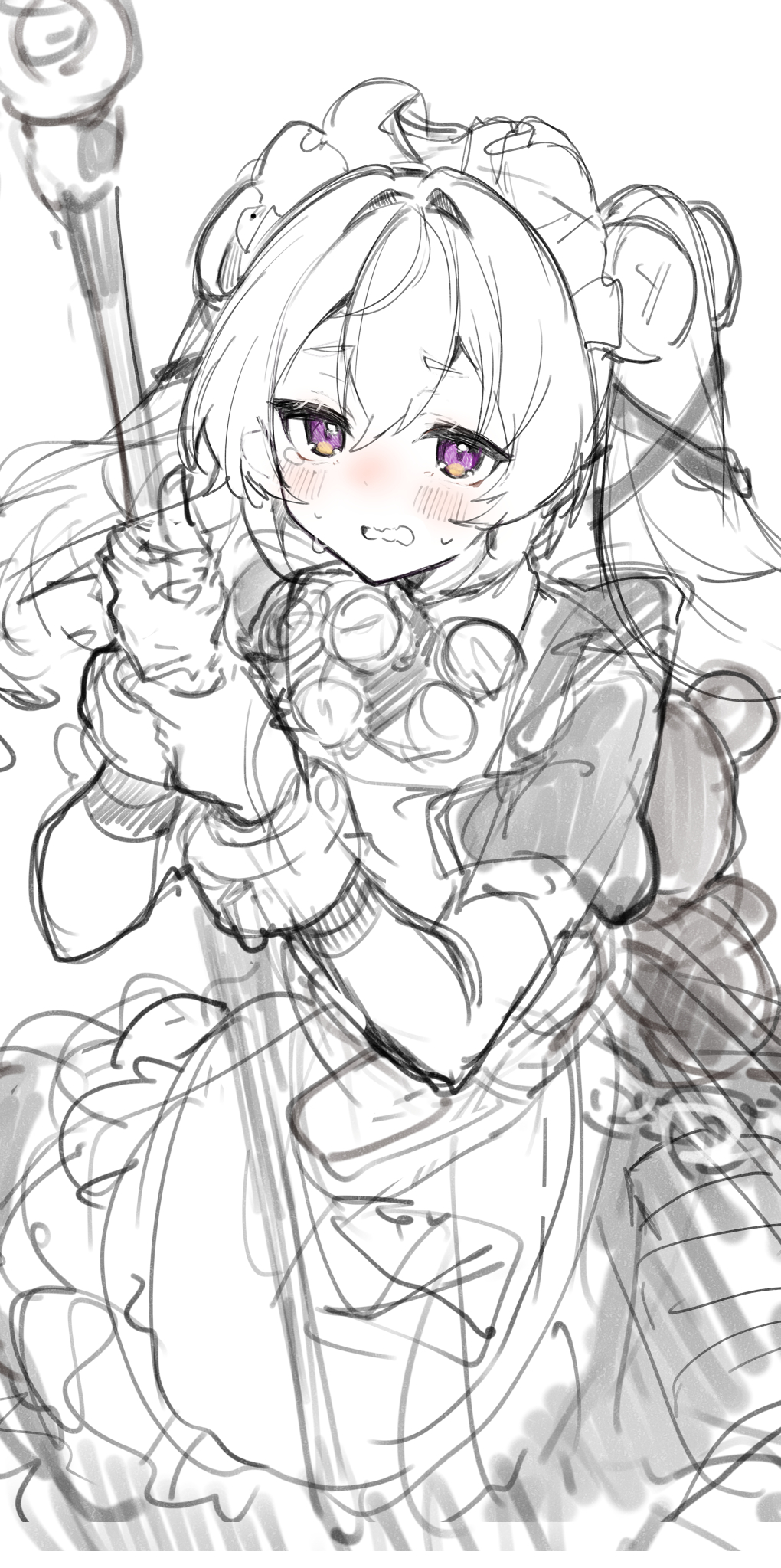 1girl apron blush corin_wickes frilled_apron frills hair_between_eyes hair_intakes highres holding ikeuchi_tanuma long_hair looking_at_viewer maid maid_apron maid_headdress monochrome open_mouth puffy_short_sleeves puffy_sleeves purple_eyes short_sleeves simple_background sketch solo spot_color sweat tears twintails very_long_hair wavy_mouth white_background wrist_cuffs zenless_zone_zero