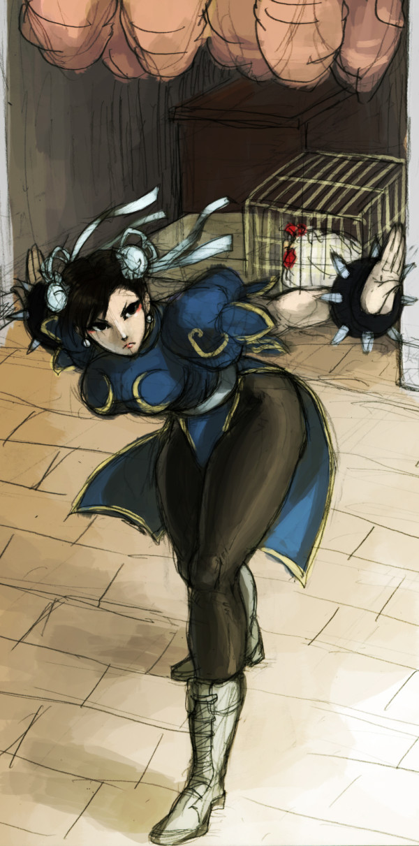 1990s_(style) 1girl bird black_hair black_pantyhose boots bracelet breasts bun_cover capcom chicken china_dress chinese_clothes chun-li double_bun dress earrings eyeshadow female_focus food_fighter_441 hair_bun hair_ribbon highres jewelry lace-up_boots long_image makeup pantyhose pelvic_curtain retro_artstyle ribbon solo spiked_bracelet spikes street_fighter street_fighter_ii_(series) tall_image thighs