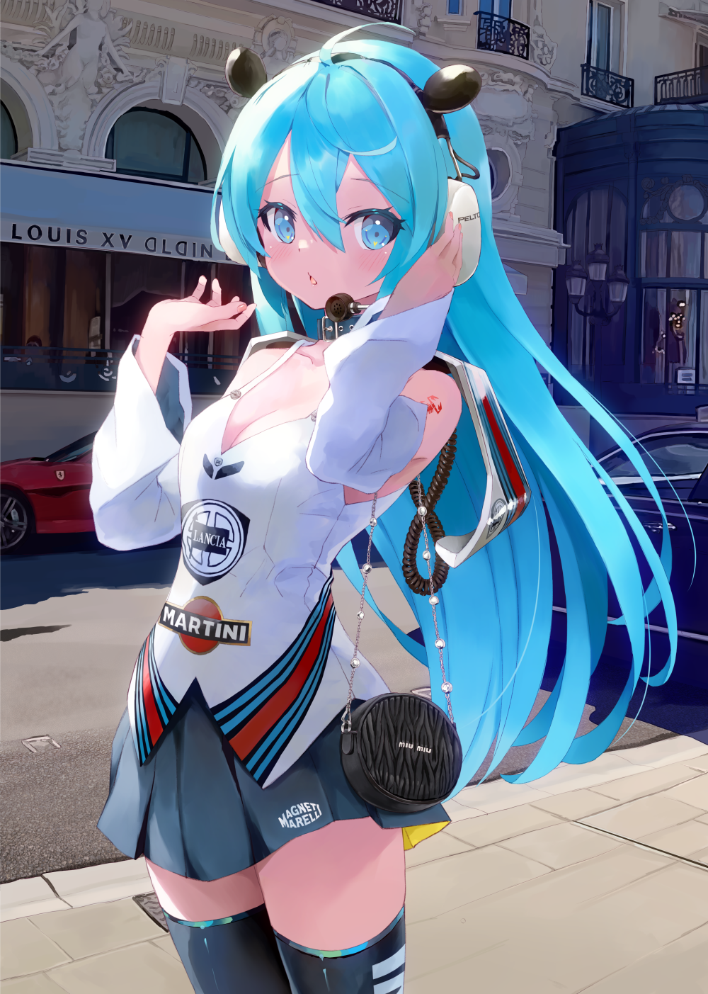 1girl ahoge animal_ears aqua_eyes arm_tattoo black_skirt black_thighhighs blush breasts cleavage clothes_writing commentary_request cowboy_shot day double-parted_bangs english_text eyelashes fake_animal_ears ferrari floating_hair hair_between_eyes hands_up headphones headset highres lancia_(brand) lancia_stratos long_hair long_sleeves looking_at_viewer martini_(brand) medium_breasts miniskirt off-shoulder_shirt off_shoulder original outdoors parted_lips personification photo_background pleated_skirt real_world_location shirt skirt solo standing straight_hair takepon1123 tattoo thighhighs very_long_hair white_shirt wide_sleeves world_rally_championship zettai_ryouiki