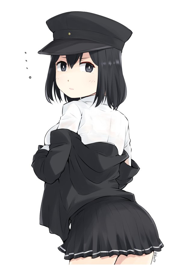 1girl akitsu_maru_(kancolle) black_eyes black_hair black_hat black_skirt breasts collared_shirt gloves hat kantai_collection large_breasts long_sleeves military military_hat military_uniform miniskirt okitarou_(okiyo) pale_skin peaked_cap pleated_skirt shirt short_hair skirt solo white_gloves white_shirt