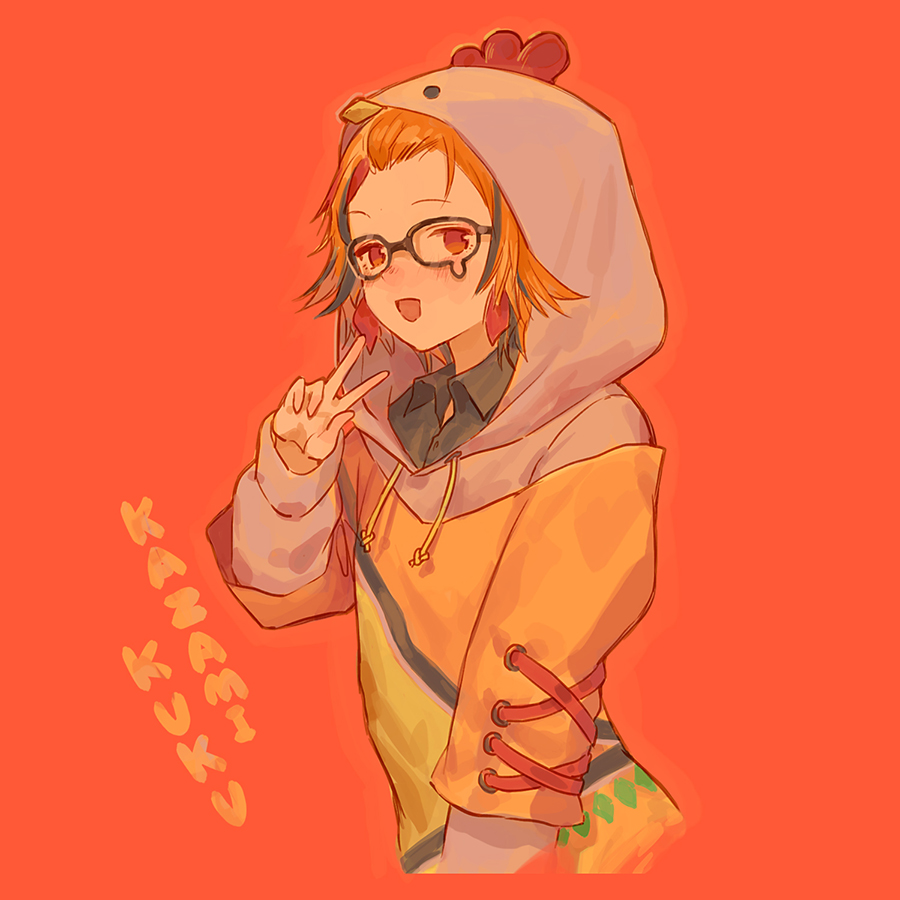 1girl animare black-framed_eyewear character_name chicken_hood commentary_request cropped_torso cross-laced_clothes cross-laced_sleeves dress forehead grey_hair hood hood_up hoodie kazami_kuku light_blush long_sleeves looking_at_viewer multicolored_hair nanashi_inc. novelty_glasses off-shoulder_dress off_shoulder open_mouth orange_background orange_eyes orange_hair orange_shirt shirt short_hair simple_background three-quarter_sleeves smile solo streaked_hair takenoko_(531) teardrop v virtual_youtuber white_hoodie