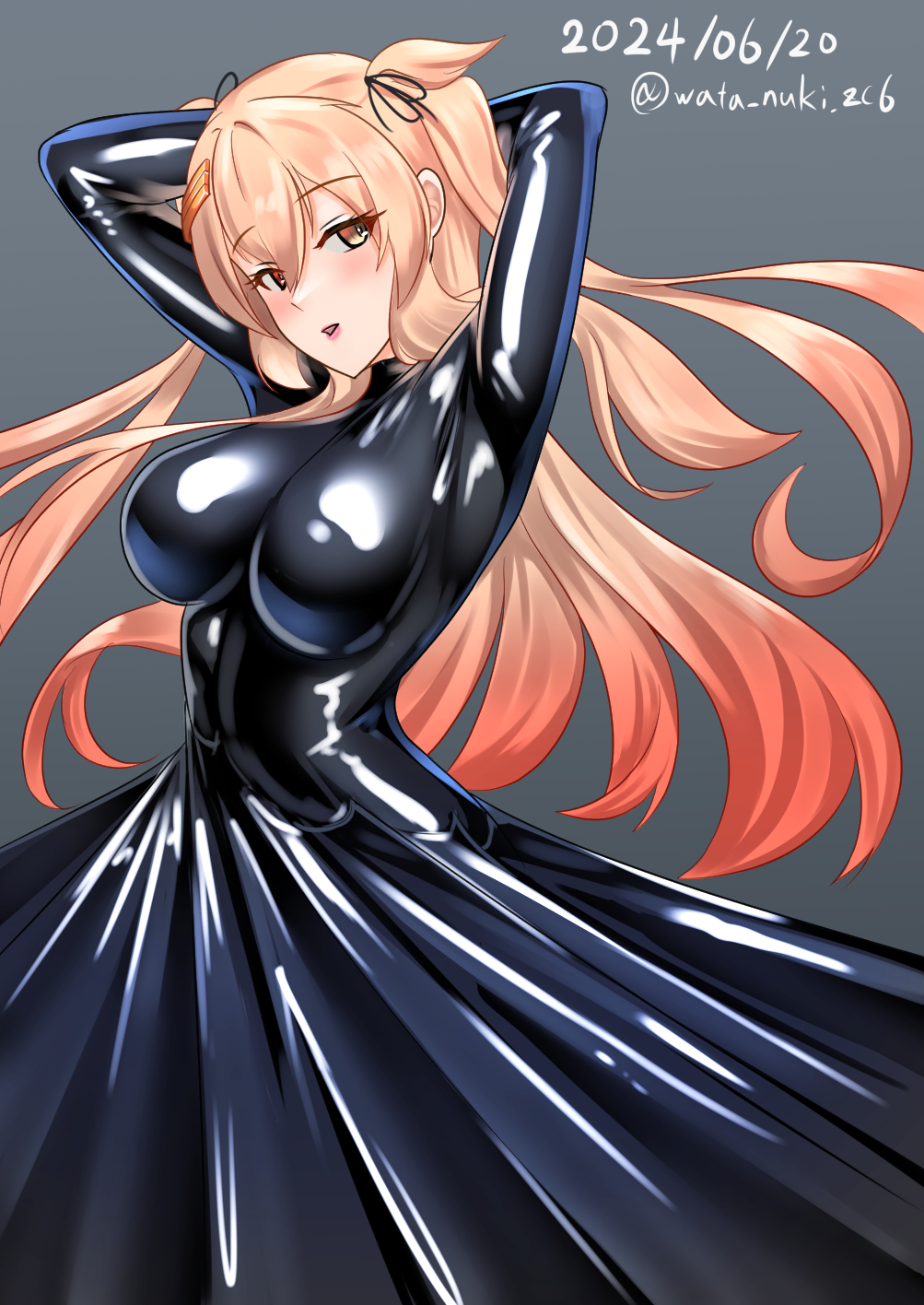 1girl arms_up black_bodysuit bodysuit breasts brown_eyes dated heterochromia highres kantai_collection large_breasts latex latex_bodysuit murasame_(kancolle) murasame_kai_ni_(kancolle) skin_tight solo twitter_username wata_nuki
