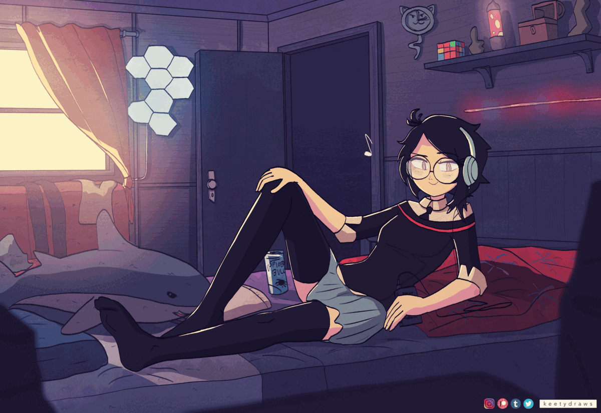1girl analog_clock animated animated_gif artist_name beamed_eighth_notes bedroom bespectacled black_hair black_necktie black_sweater black_thighhighs blanket blue_skirt blurry blurry_foreground box breasts bright_pupils can clock closed_mouth collared_shirt curtains depth_of_field door dress_shirt drink drink_can dusk eighth_note elbow_rest full_body glasses grey_headphones hand_on_own_knee headphones ikea_shark indoors instagram_logo keetydraws knee_up lava_lamp leaning_back listening_to_music looking_at_viewer lounging lying marvel messy_hair musical_note necktie on_back on_bed open_door patreon_logo peni_parker pillow pleated_skirt purple_eyes red_trim round_eyewear rubik's_cube school shelf shirt shoes short_hair skirt sky small_breasts smile solo spider-man_(series) spider-verse spider-verse_(comics) stuffed_animal stuffed_shark stuffed_toy sweater tapping_finger tapping_foot thighhighs tumblr_logo twitter_logo unworn_shoes unworn_thighhighs wainscoting walkman white_pupils white_shirt window yellow_sky