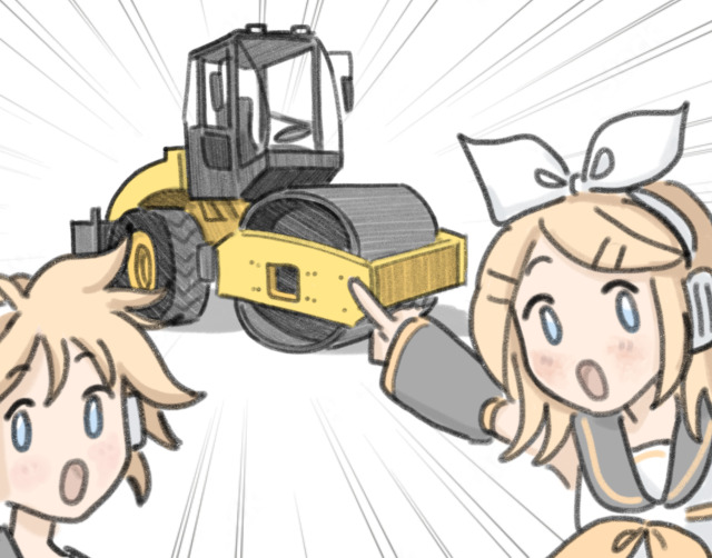 1boy 1girl :o blonde_hair blue_eyes blush bow brother_and_sister chibi detached_sleeves headphones kagamine_len kagamine_rin looking_at_viewer meme mikufanclub neckerchief open_mouth pointing school_uniform serafuku short_hair siblings simple_background standing steamroller two_soyjaks_pointing_(meme) white_background