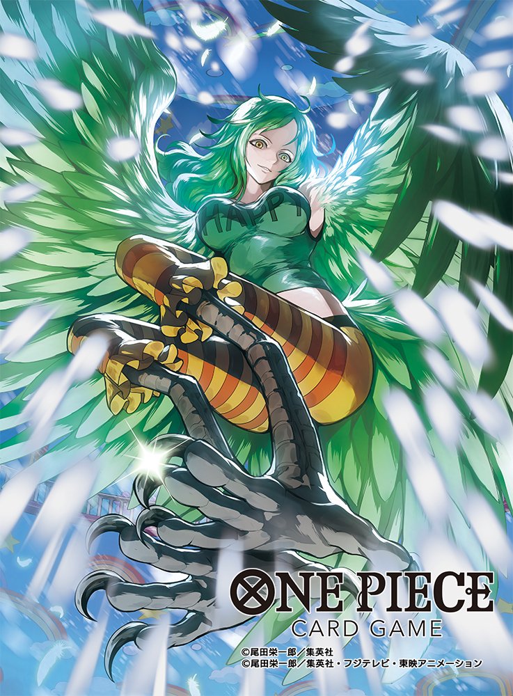 1girl claws closed_mouth commentary_request copyright_name full_body glint green_hair green_tank_top green_wings harpy light_smile long_hair looking_at_viewer monet_(one_piece) money monster_girl moreshan official_art one_piece one_piece_card_game smile snowing solo tank_top wings