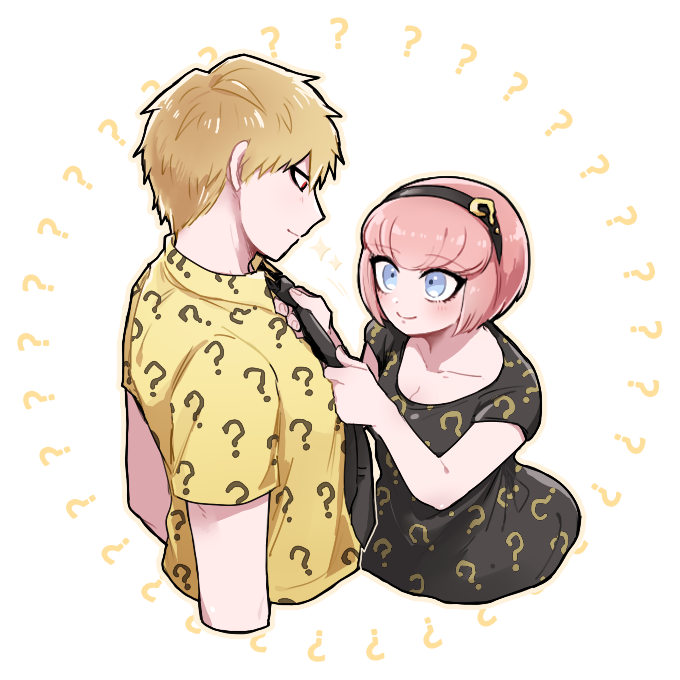 1boy 1girl :d ? ?? adjusting_another&#039;s_clothes adjusting_clothes adjusting_necktie ando_ruruka black_dress black_hairband black_necktie blonde_hair blue_eyes blush closed_mouth collarbone cropped_torso danganronpa_(series) danganronpa_3_(anime) dress from_side hairband hands_up izayoi_sounosuke necktie open_mouth orange_shirt pink_hair shimada_(dmisx) shirt short_hair short_sleeves smile