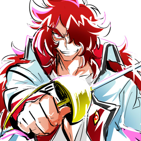 10s 1boy biho_(tsuinku) coat grin hair_over_one_eye heartcatch_precure! kumojacky long_hair lowres male_focus precure rapier red_eyes red_hair smile smug solo sword weapon white_background