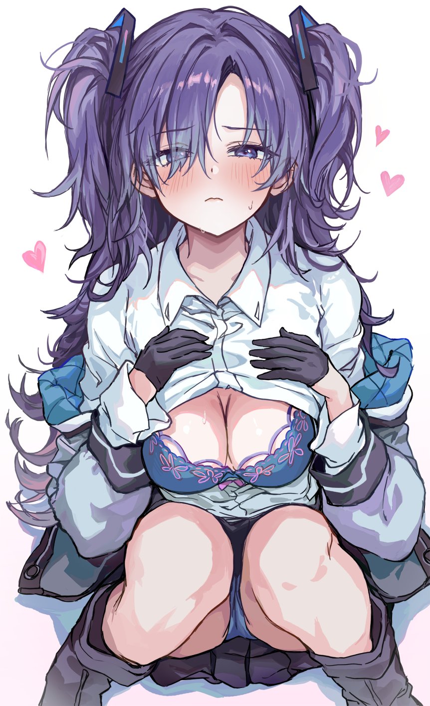 1girl black_gloves black_skirt blue_archive blue_bra blue_eyes blue_panties bra breasts cleavage closed_mouth collared_shirt gloves hands_on_own_chest heart highres jacket looking_at_viewer medium_breasts panties purple_hair saya_(mychristian2) shirt skirt solo squatting two_side_up underwear white_background white_shirt yuuka_(blue_archive)