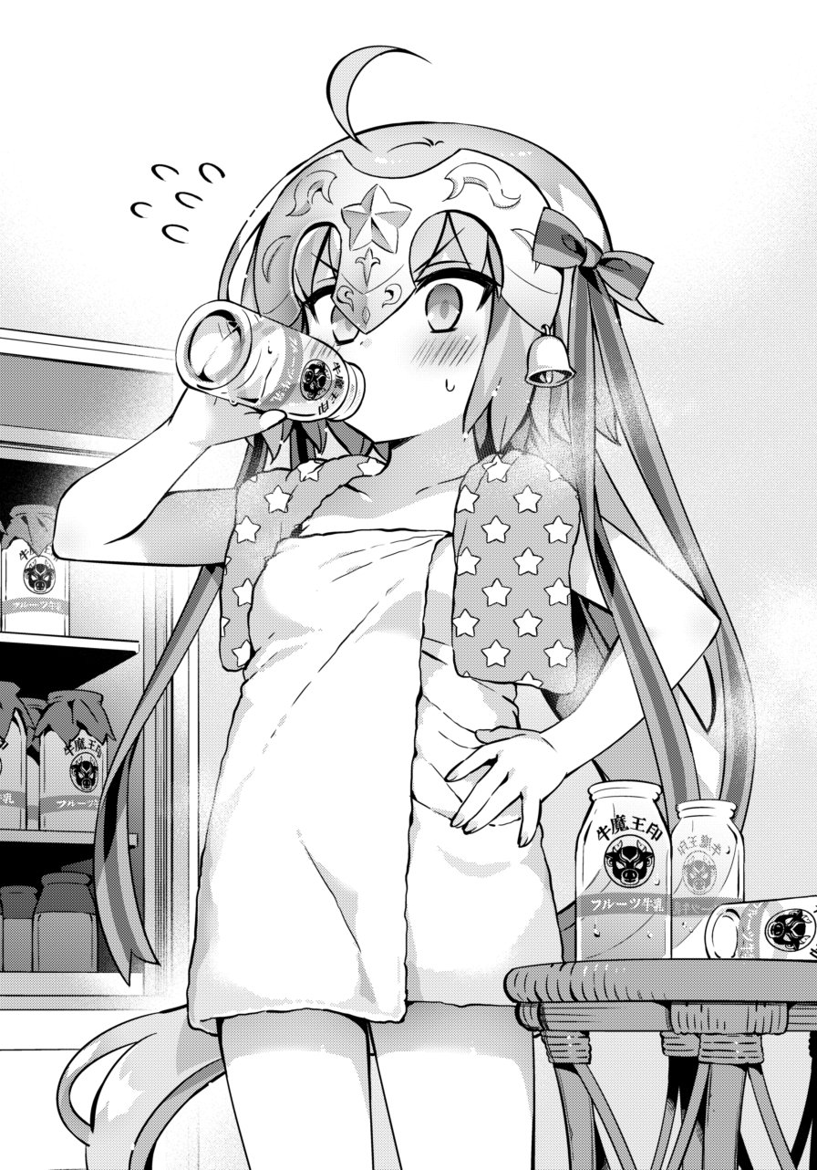 1girl ahoge blush bottle bow coffee_milk cupboard drinking fate/grand_order fate_(series) flat_chest flying_sweatdrops greyscale hair_bow hanabana_tsubomi hand_on_own_hip headpiece highres holding holding_bottle jeanne_d&#039;arc_alter_santa_lily_(fate) long_hair monochrome naked_towel solo towel towel_around_neck very_long_hair