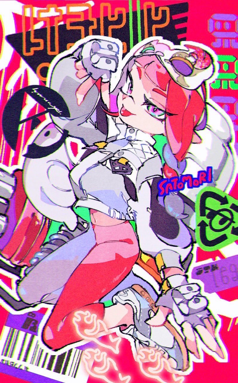 1girl :p arm_up artist_name asymmetrical_hair braid chromatic_aberration closed_mouth commentary_request domino_mask film_grain fingerless_gloves full_body gloves highres hydra_splatling_(splatoon) inkling inkling_girl inkling_player_character jacket leggings long_hair long_sleeves mask mask_on_head midriff navel nintendo outline pink_eyes pink_hair pink_leggings pointy_ears puffy_long_sleeves puffy_sleeves satomori single_braid solo splatoon_(series) splatoon_3 suction_cups tentacle_hair tongue tongue_out v white_footwear white_gloves white_jacket white_outline