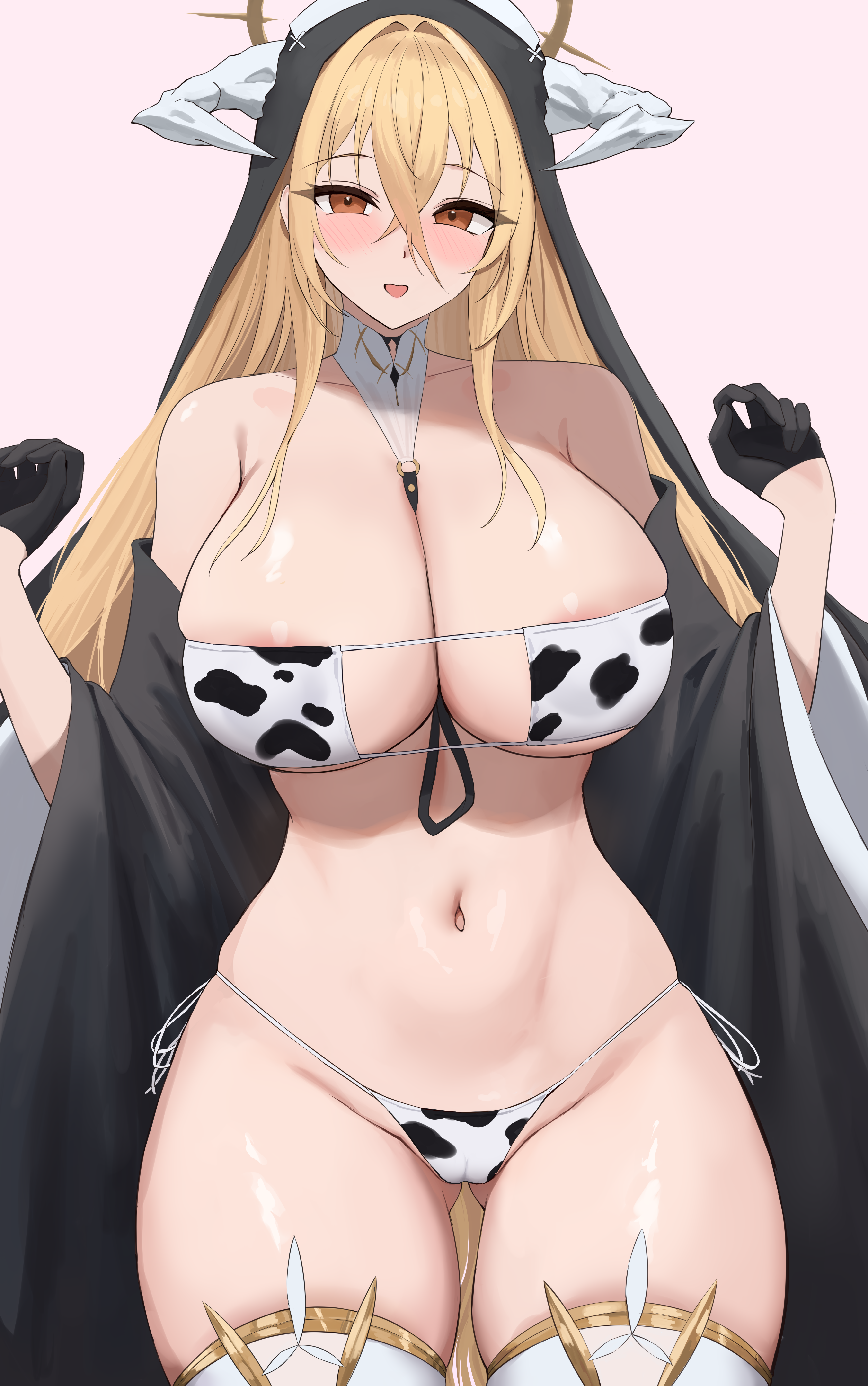 1girl absurdly_long_hair absurdres animal_print azur_lane bare_shoulders bikini black_gloves blonde_hair breasts cleavage cow_print cow_print_bikini cowboy_shot crossed_bangs gloves gold_trim half_gloves hands_up highres implacable_(azur_lane) large_breasts long_hair looking_at_viewer nun orange_eyes print_bikini rk_(cc15915r) side-tie_bikini_bottom solo swimsuit thighhighs very_long_hair white_thighhighs