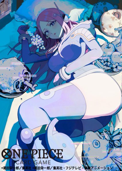 1girl anti-eyebrow_piercing boots closed_mouth commentary_request copyright_name curvy food fruit gloves hood jewelry_bonney jewelry_bonney_(egghead) leotard long_hair looking_at_viewer lying meat official_art on_side one_piece one_piece_card_game pillow pink_hair purple_thighhighs sion001250 solo thighhighs thighs wide_hips