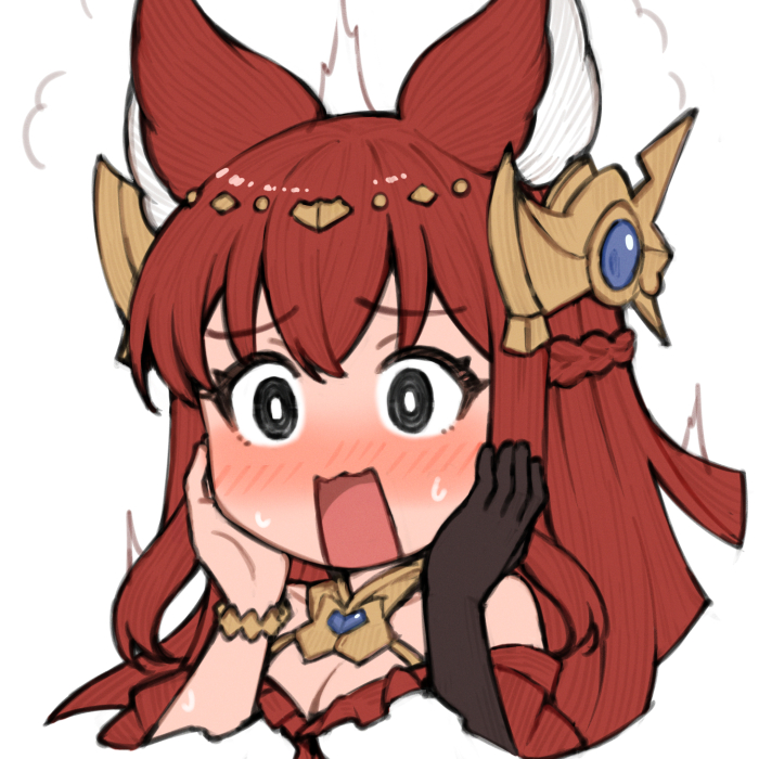 1girl animal_ears anthuria blush braid breasts chibi cleavage elbow_gloves erune gloves granblue_fantasy hair_ornament hands_on_own_face koretsuki_azuma long_hair open_mouth red_hair side_braid single_elbow_glove solo upper_body very_long_hair
