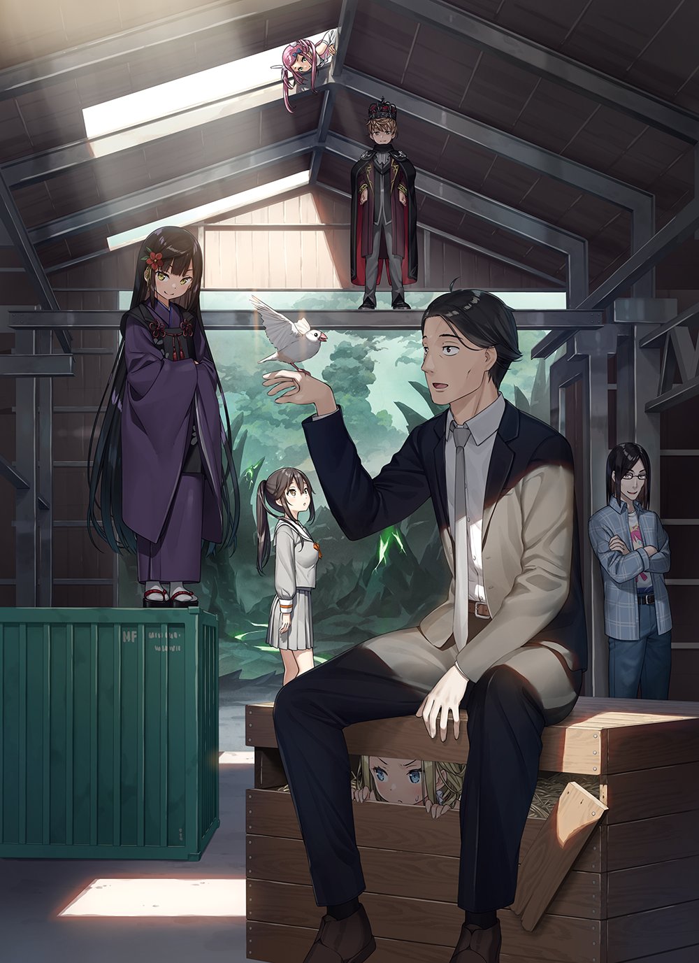 2boys abaddon_(sasaki_to_p-chan) bird bird_on_hand black_hair blonde_hair box brown_eyes brown_hair cloak closed_mouth crown elsa_muller_(sasaki_to_p-chan) flower formal_clothes futarishizukashi_(sasaki_to_p-chan) green_eyes grey_necktie grey_suit hair_between_eyes hair_flower hair_ornament hands_on_own_hips hiding highres jacket japanese_clothes java_sparrow kantoku kimono long_hair long_sleeves looking_at_viewer magical_girl magical_pink_(sasaki_to_p-chan) multiple_boys multiple_girls necktie open_mouth otonari-san_(sasaki_to_p-chan) p-chan_(sasaki_to_p-chan) pink_hair pleated_skirt ponytail purple_kimono rabbit_hair_ornament sasaki_(sasaki_to_p-chan) sasaki_to_p-chan school_uniform shipping_container sitting skirt smile standing suit twintails warehouse yellow_eyes