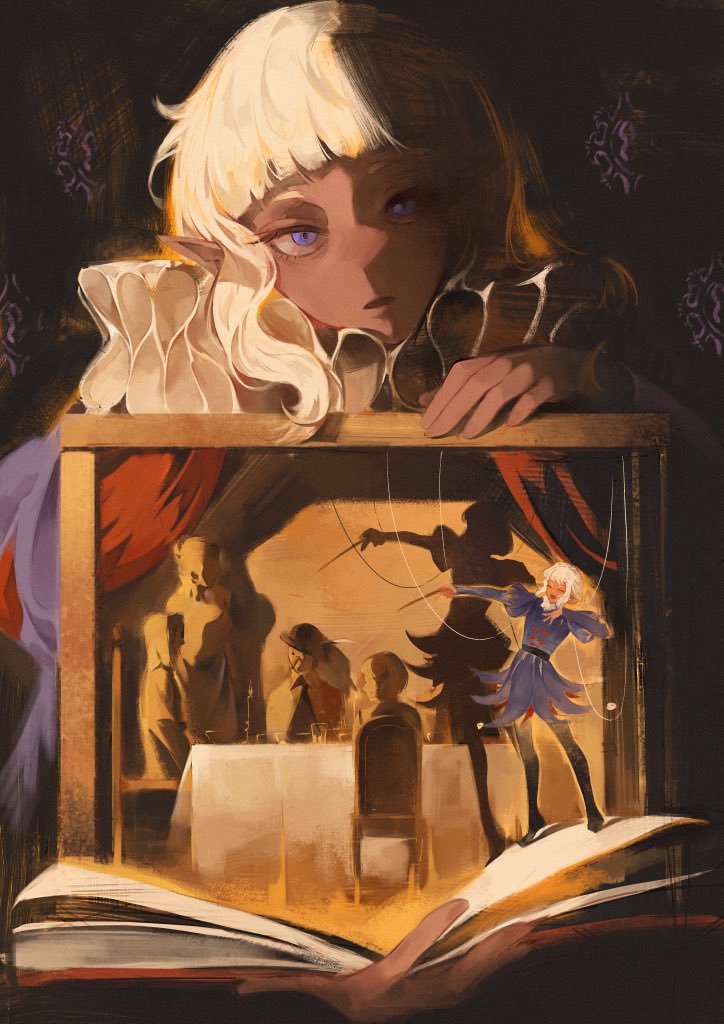1boy black_background blunt_bangs book commentary_request dark-skinned_male dark_skin dungeon_meshi holding holding_book long_hair looking_at_viewer male_focus open_book open_mouth painting_(object) pointy_ears puppet_strings purple_eyes shaded_face thistle_(dungeon_meshi) white_hair yayaziiii
