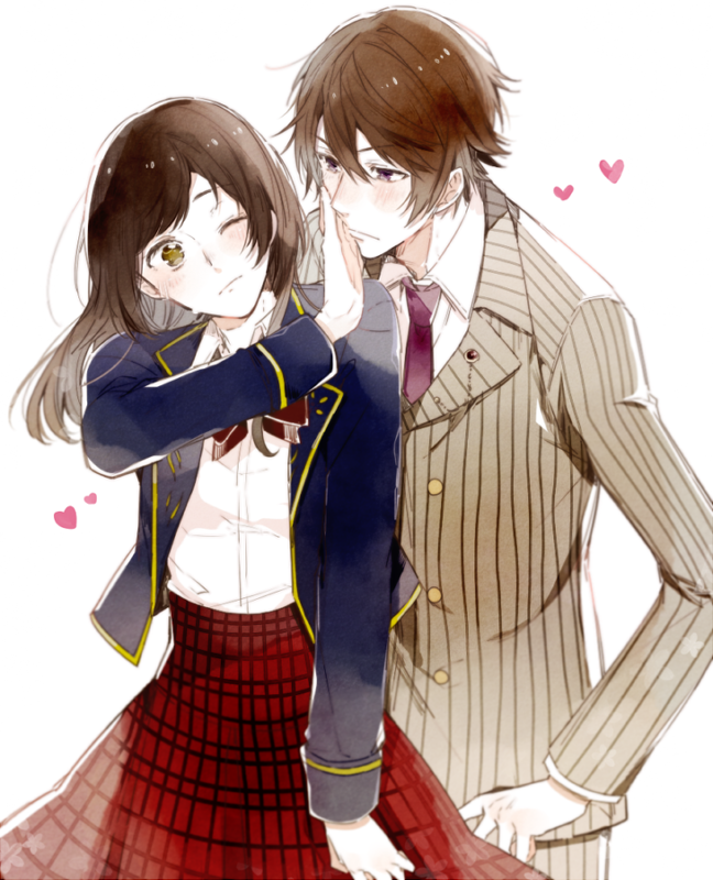 1boy 1girl 5574iahu ayazuki_mei brown_eyes brown_hair closed_mouth collared_shirt facing_viewer hetero jacket kawakami_otojirou long_sleeves looking_at_another meiji_tokyo_renka necktie one_eye_closed purple_eyes red_necktie shirt white_background white_shirt