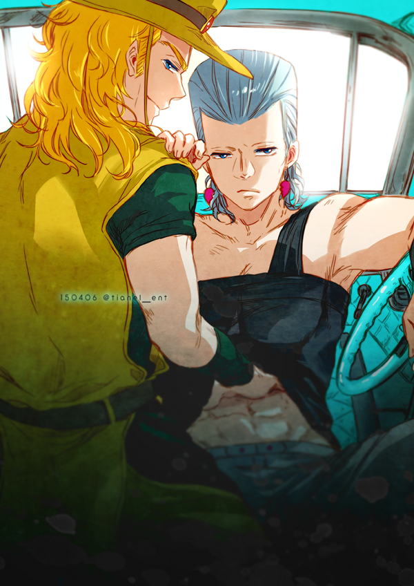 2boys abs blonde_hair blue_eyes car_interior clothes_lift cowboy_hat flattop grey_hair hat hol_horse jean_pierre_polnareff jojo_no_kimyou_na_bouken looking_at_viewer male_focus multiple_boys shirt_lift stardust_crusaders tianel_ent yaoi