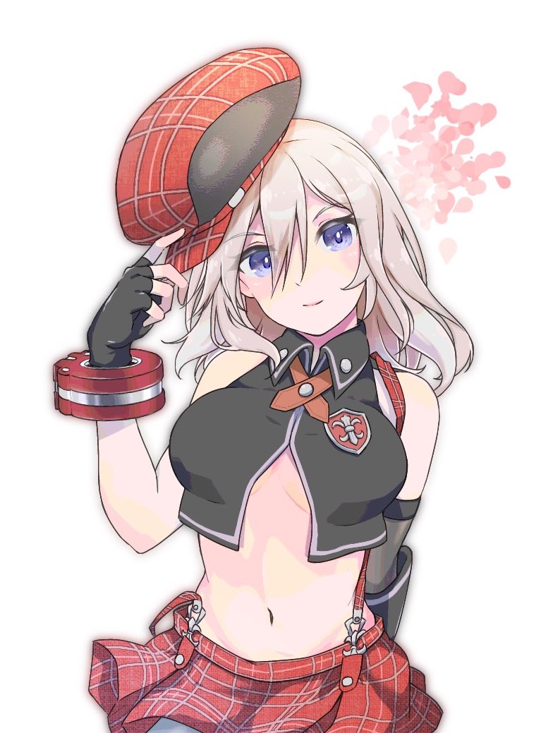 1girl alisa_ilinichina_amiella black_gloves breasts newsboy_cap closed_mouth crop_top fingerless_gloves gloves god_eater god_eater_burst grey_hair hair_between_eyes hat hekerotto128 holding holding_unworn_clothes holding_unworn_hat large_breasts long_hair looking_at_viewer midriff plaid_clothes plaid_skirt purple_eyes red_skirt simple_background skirt solo suspender_skirt suspenders suspenders_slip unworn_hat unworn_headwear white_background