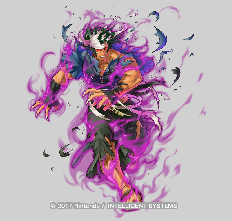 1boy animal_ears aura bandana claws copyright_notice dark-skinned_male dark_aura dark_skin fangs fire_emblem fire_emblem:_radiant_dawn fire_emblem_heroes full_body glowing glowing_eyes green_hair grey_background kita_senri laguz_(fire_emblem) male_focus muarim_(fire_emblem) muarim_(raw_instinct)_(fire_emblem) muscular muscular_male nintendo official_art pectoral_cleavage pectorals red_eyes sandals solo tail tiger_boy tiger_ears torn_clothes white_bandana
