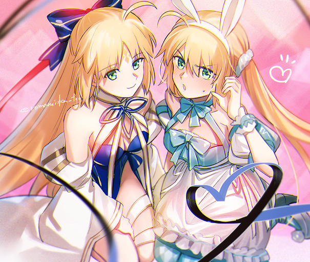 2girls ahoge aki_(neyuki41028) animal_ears apron artoria_caster_(fate) artoria_caster_(swimsuit_berserker)_(fate) artoria_caster_(swimsuit_berserker)_(second_ascension)_(fate) artoria_caster_(swimsuit_berserker)_(third_ascension)_(fate) artoria_pendragon_(fate) bare_shoulders blonde_hair blue_bow blue_dress blue_one-piece_swimsuit blush bow breasts cleavage detached_sleeves dress dual_persona facial_mark fake_animal_ears fate/grand_order fate_(series) forehead_mark green_eyes hair_bow hairband long_hair looking_at_viewer multiple_girls one-piece_swimsuit puffy_short_sleeves puffy_sleeves rabbit_ears short_sleeves swimsuit twintails very_long_hair white_apron white_sleeves wide_sleeves