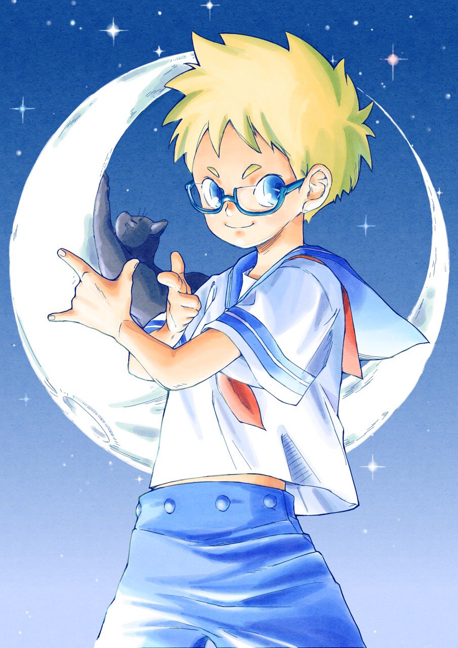 1boy black_cat blonde_hair blue_white_577 cat crescent_moon glasses highres male_focus moon original sailor_collar sailor_moon_pose sailor_shirt shirt