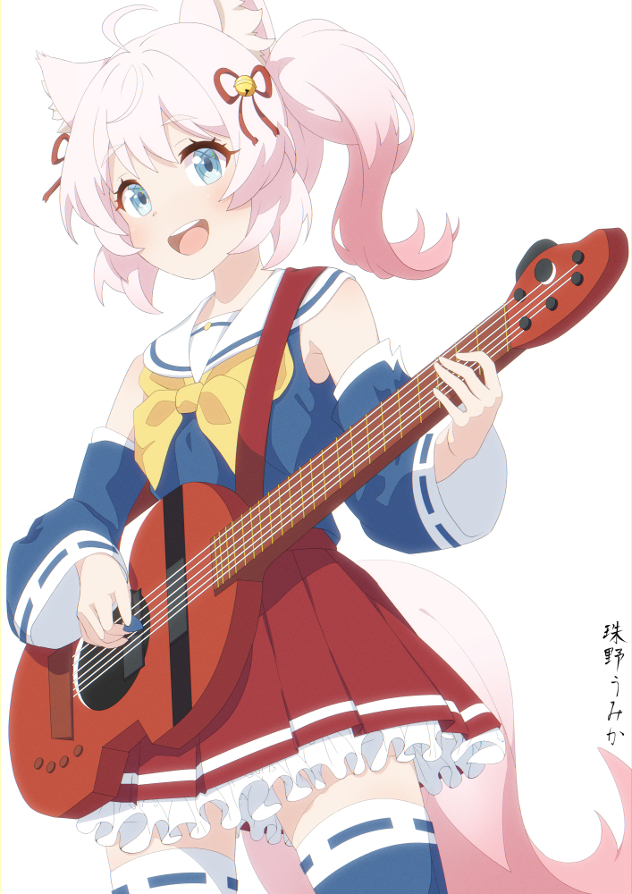 1girl :d ahoge animal_ear_fluff animal_ears bell blue_eyes blue_shirt blue_sleeves blue_thighhighs bow commentary_request commission detached_sleeves frilled_skirt frills hair_bell hair_ornament hair_ribbon holding holding_instrument howan_(show_by_rock!!) instrument instrument_request jingle_bell long_sleeves open_mouth pink_hair pleated_skirt red_ribbon red_skirt ribbon ribbon-trimmed_legwear ribbon-trimmed_sleeves ribbon_trim sailor_collar shirt show_by_rock!! side_ponytail simple_background skeb_commission skirt sleeveless sleeveless_shirt smile solo tail tamano_umika thighhighs white_background white_sailor_collar wide_sleeves yellow_bow