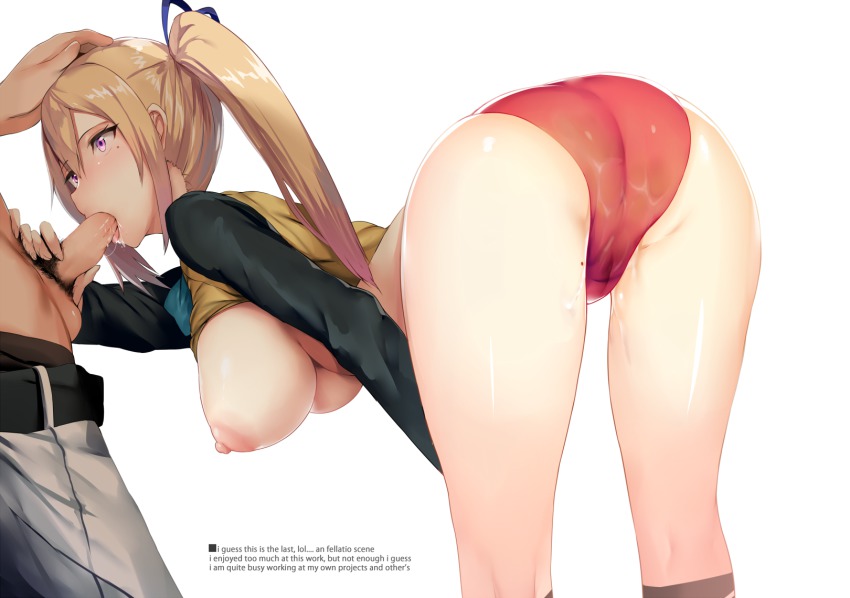1boy 1girl ass bent_over blonde_hair blouse breasts buruma engrish fellatio from_side hand_on_another&#039;s_head handjob hanging_breasts hetero hews kawakami_mai large_breasts long_hair male_pubic_hair mole mole_under_eye musaigen_no_phantom_world nipples oral panties penis pubic_hair purple_eyes pussy_juice ranguage shirt side_ponytail simple_background source_request text_focus translation_request uncensored underwear white_background