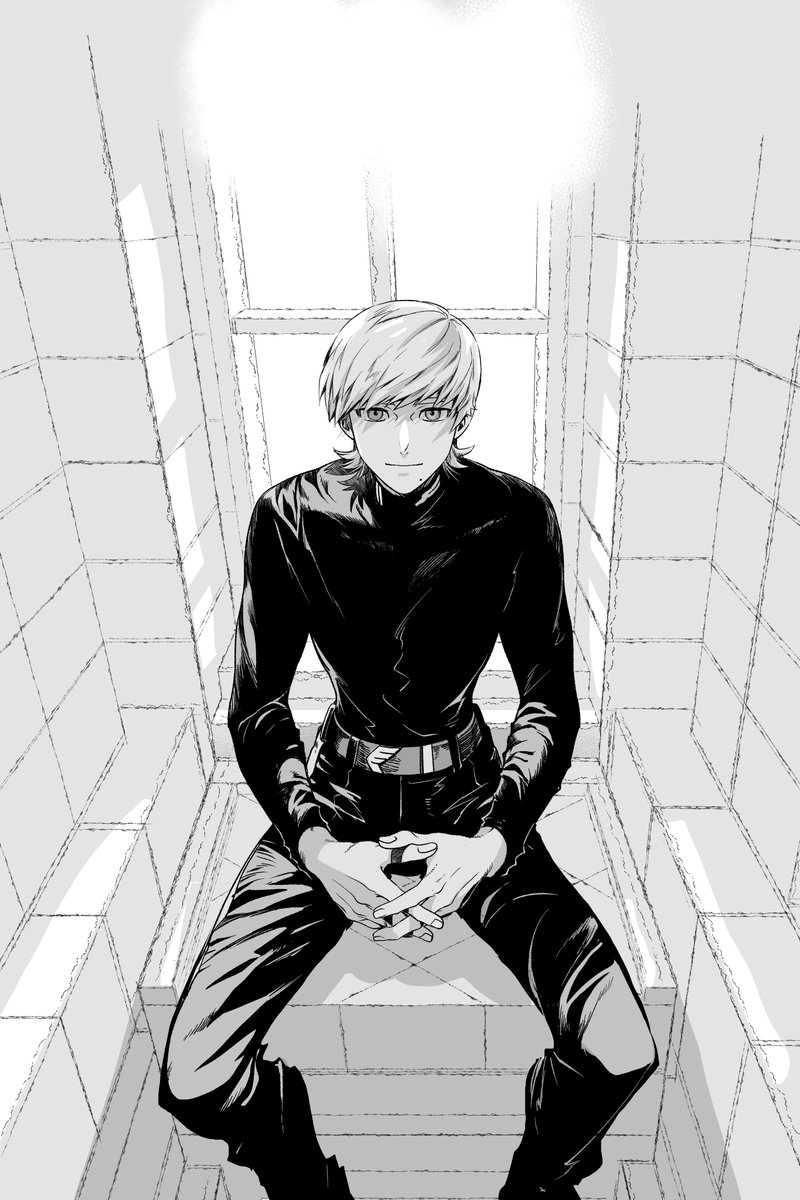 1boy closed_mouth commentary_request feet_out_of_frame greyscale gundam gundam_gquuuuuux highres looking_at_viewer male_focus mole mole_under_mouth monochrome nyan_co3 own_hands_together pants shoes short_hair smile solo turtleneck window xavier_olivette