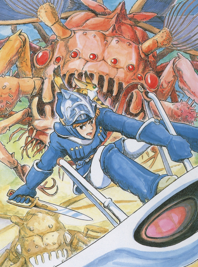 1girl aircraft animal animal_on_shoulder blue_gloves blue_hood blue_leg_warmers blue_shirt brown_eyes brown_footwear brown_hair bug commentary dagger dated_commentary english_commentary flying foot_out_of_frame glider gliding gloves goggles goggles_on_headwear green_eyes helmet holding holding_dagger holding_knife holding_weapon hood kaze_no_tani_no_nausicaa knife leaning_back leg_warmers mehve miyazaki_hayao nausicaa open_mouth oversized_animal painting_(medium) pants red_eyes shirt solo teto_(nausicaa) third-party_source traditional_media tunic watercolor_(medium) weapon white_pants wings