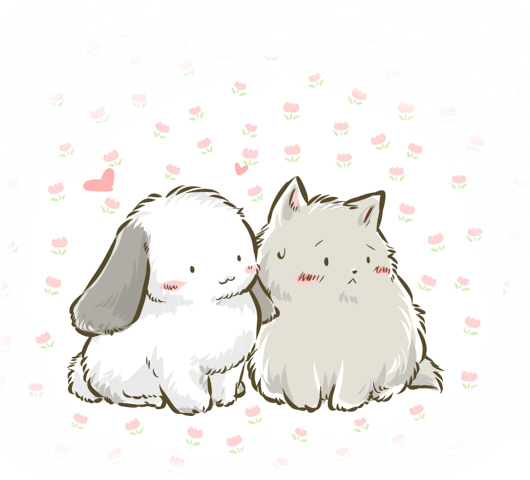 animal_focus animalization axis_powers_hetalia black_eyes blush_stickers character_request closed_mouth commentary_request floral_background frown grey_cat happy heads_together heart lop_rabbit nervous no_humans rabbit schall smile solid_circle_eyes white_background