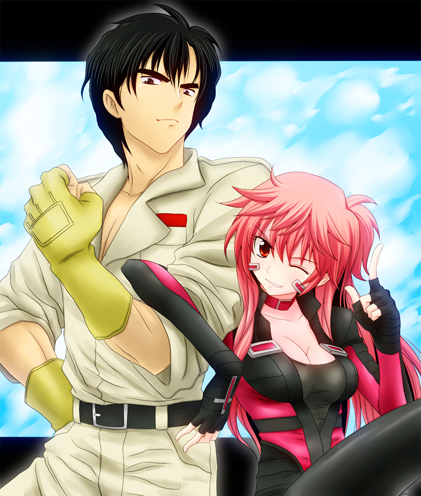 00s 1boy 1girl belt black_gloves black_hair blue_sky breasts brown_eyes choker choujuu_kishin_dancouga cleavage cloud collarbone crossover dancouga_(series) dancouga_nova dancougar day fingerless_gloves fujiwara_shinobu gloves grin hidaka_aoi juusou_kikou_dancouga_nova letterboxed locked_arms medium_breasts one_eye_closed pilot_suit pink_hair red_eyes sky smile watarui wink yellow_gloves