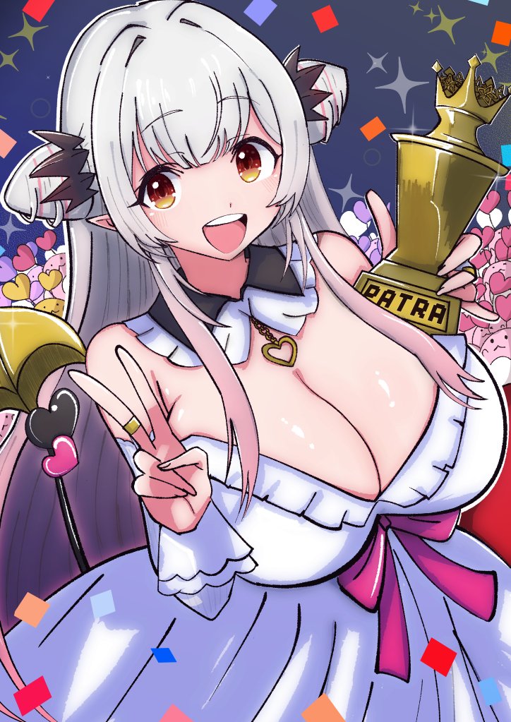 029skysky 1girl black_collar black_horns blush bow breasts cleavage collar cone_hair_bun confetti cowboy_shot demon_girl demon_horns demon_tail double_bun dress frilled_collar frills gradient_hair grey_background grey_hair hair_bun heart holding holding_trophy horns huge_breasts indie_virtual_youtuber jewelry kanikama_(suou_patra) long_hair multicolored_hair off-shoulder_dress off_shoulder open_mouth orange_eyes pink_bow pink_hair pointy_ears ring smile solo suou_patra suou_patra_(10th_costume) tail trophy v virtual_youtuber white_dress