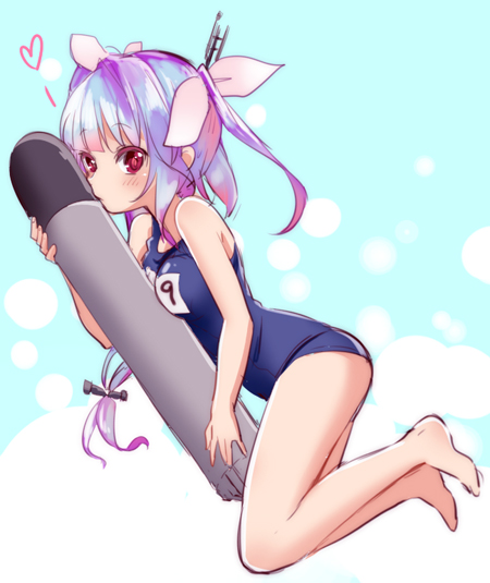 10s 1girl barefoot blue_hair blush breasts female_focus hair_ribbon heart holding i-19_(kancolle) ica kantai_collection kiss large_breasts long_hair looking_at_viewer multicolored_hair object_kiss one-piece_swimsuit personification red_eyes ribbon school_swimsuit solo swimsuit torpedo twintails
