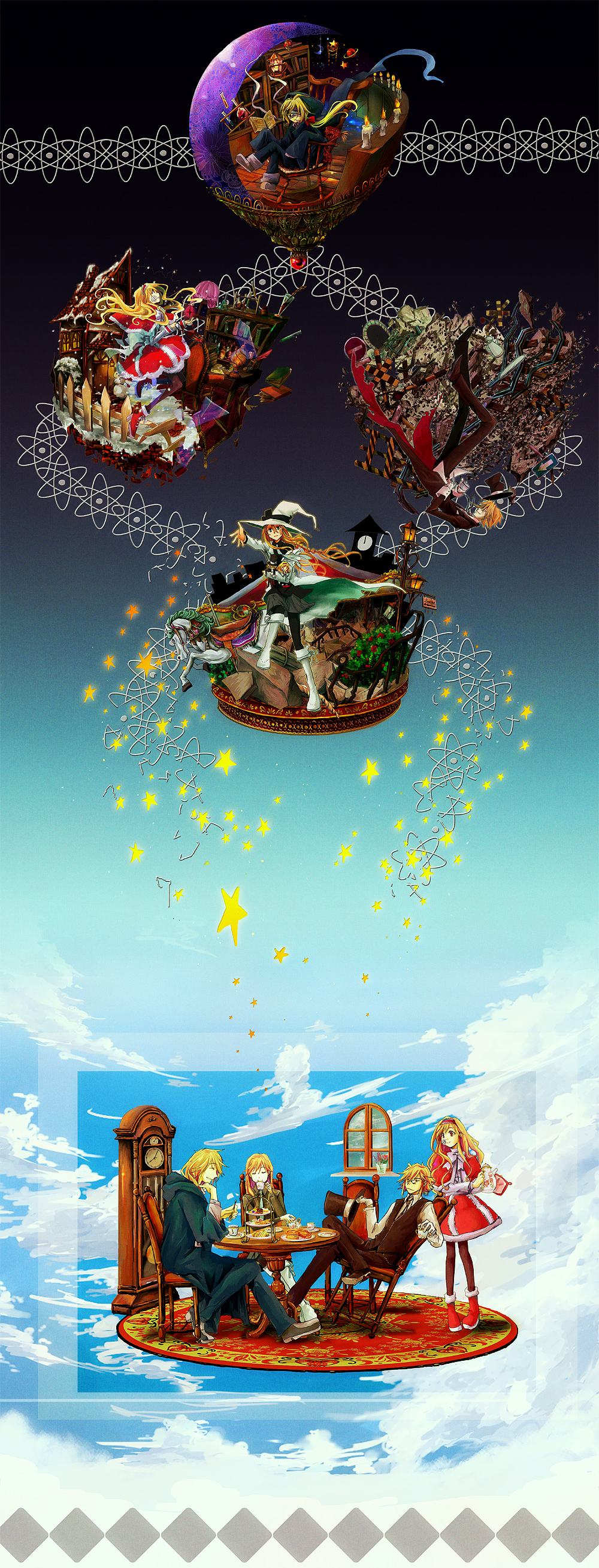 2boys 2girls absurdres apricot_tea_(kururingo) arm_up atom bandage_over_one_eye black_coat black_footwear black_hat blonde_hair blueberry_jam_(kururingo) bookshelf boots bow breasts bush candle capelet chair clock clock_tower coat cup cushion falling fence flask floating floating_hair fur-trimmed_skirt fur_trim gauze gauze_on_face grandfather_clock hair_bow hat highres house kururingo kuzure_yuku_sekai_ni_sayonara_o_iu_boku_wa_(vocaloid) lamp lamppost lemon_candy_(kururingo) long_hair low_ponytail mahoutsukai_no_deshi_(vocaloid) multiple_boys multiple_girls picket_fence plate ponytail railroad_crossing red_bow red_capelet red_footwear red_skirt rocking_chair rubble saigo_no_wonderland_(vocaloid) shirt shoes sitting skirt sorcerer_(kururingo) stairs table tanbonota tea_party teacup teapot tiered_tray toaru_ikka_no_tea_party_(vocaloid) top_hat tower very_long_hair vial white_footwear white_hat white_shirt wooden_fence