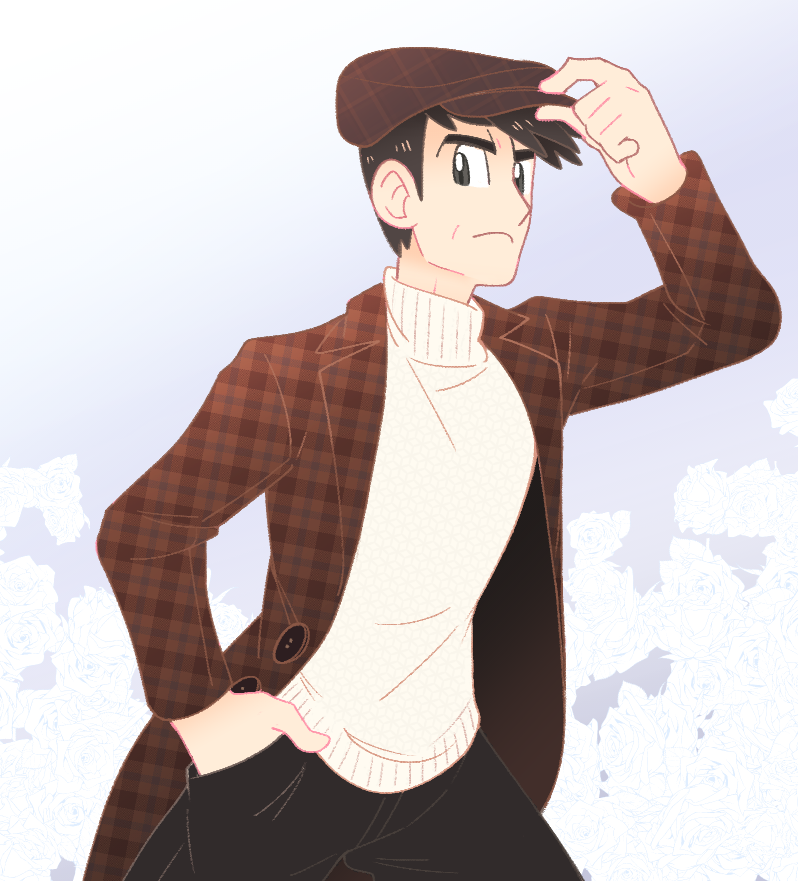 1boy alternate_costume black_hair gradient_background hand_in_pocket hand_on_headwear looker_(pokemon) looking_at_viewer male_focus nintendo pants plaid_clothes plaid_headwear pokemon pokemon_dppt short_hair solo sweater vergolophus