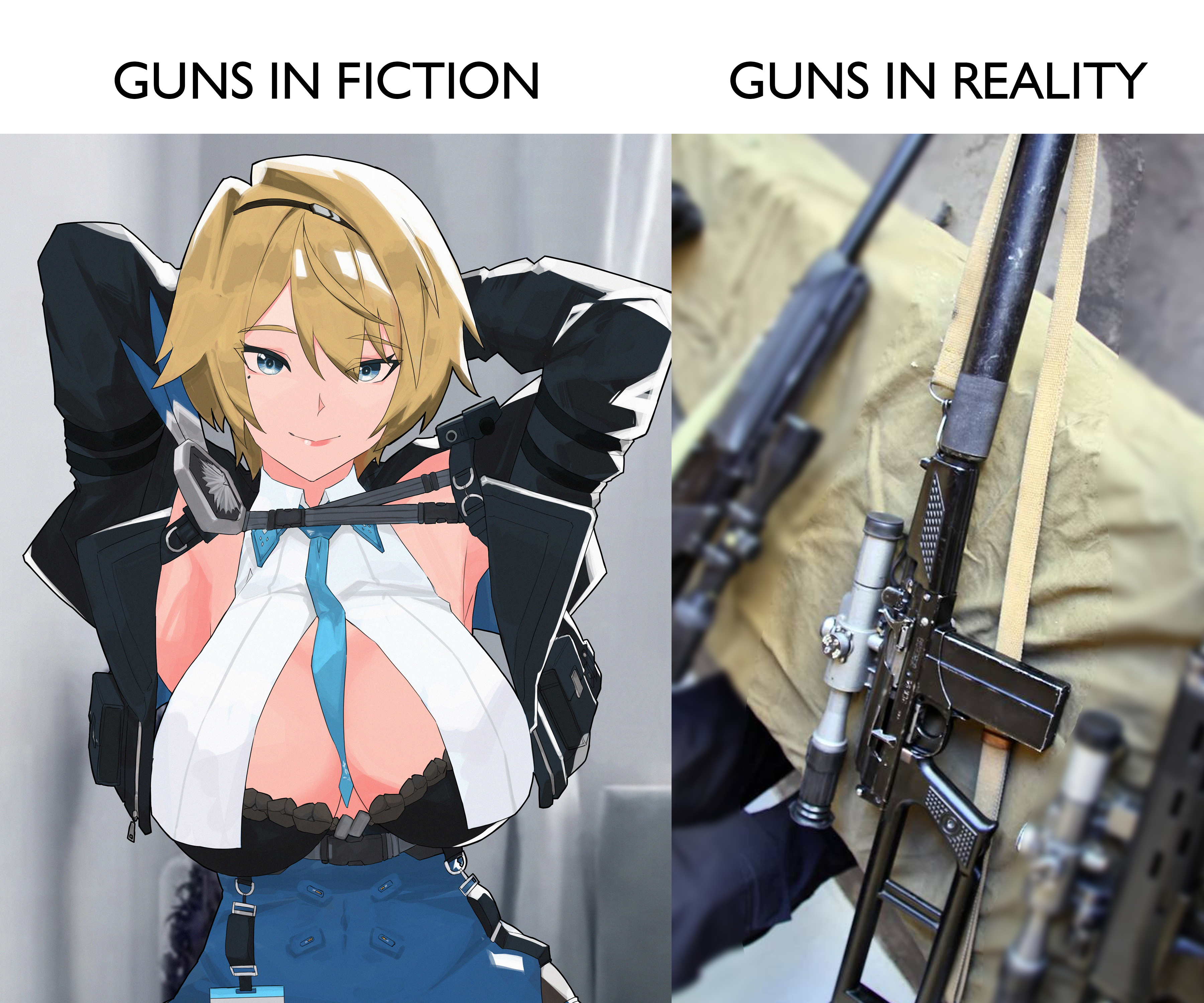 1girl absurdres arms_behind_head between_breasts black_bra black_jacket blonde_hair blue_eyes blue_necktie blue_skirt bra breasts closed_mouth commentary english_text girls'_frontline girls'_frontline_2:_exilium gun highres jacket large_breasts looking_at_viewer mole mole_under_eye necktie necktie_between_breasts nikketa_(girls'_frontline_2) open_clothes open_jacket photo_inset rifle short_hair skirt smile sniper_rifle symbol-only_commentary underwear upper_body variasii vsk-94 vsk-94_(girls'_frontline) weapon