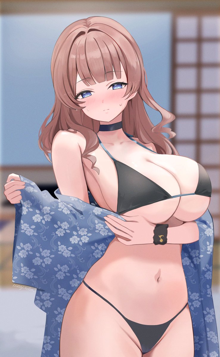1girl alternate_hairstyle arm_under_breasts artist_name bare_shoulders bikini black_bikini black_choker black_scrunchie blue_eyes blue_kimono blurry blurry_background blush breasts brown_hair choker closed_mouth collarbone commentary_request cowboy_shot depth_of_field floral_print hair_down half-closed_eyes highres huge_breasts indoors japanese_clothes kimono long_hair looking_at_viewer mochizuki_honami musical_note musical_note_print navel project_sekai scrunchie shouji sliding_doors solo stomach sweat swimsuit unworn_kimono usagi_melon3 wrist_scrunchie yukata